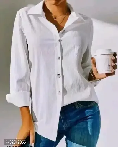 Stylish White Cotton Blend Solid Slim Fit Shirt For Women