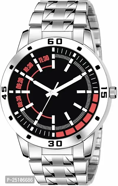 KAJARU Classic Analog Men Watch (Round Black  Red Dial, Silver Colored Strap, Pack of 1)_232