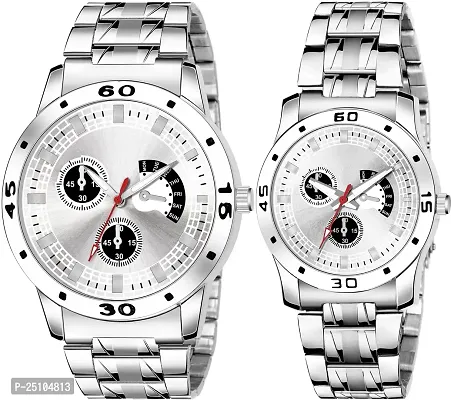 KAJARU Amino Classic Analog Couple Watch (Round Silver Dial, Silver Colored Strap, Pack of 2)_171