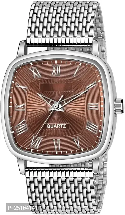 KAJARU Classic Analog Men Watch (Round Brown Dial, Silver Colored Strap, Pack of 1)_332
