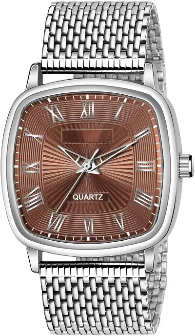 KAJARU Classic Analog Men Watch (Round Brown Dial, Silver Colored Strap, Pack of 1)_332