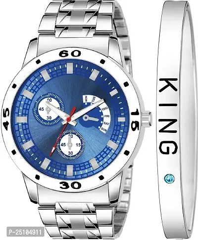 KAJARU Classic Analog Men Watch (Round Blue Dial, Silver Colored Strap, Pack of 2)_72