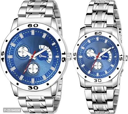 KAJARU Amino Classic Analog Couple Watch (Round Blue Dial, Silver Colored Strap, Pack of 2)_172