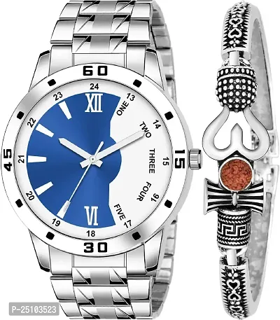 KAJARU Classic Analog Men Watch (Round Blue  White Dial, Silver Colored Strap, Pack of 2)_64