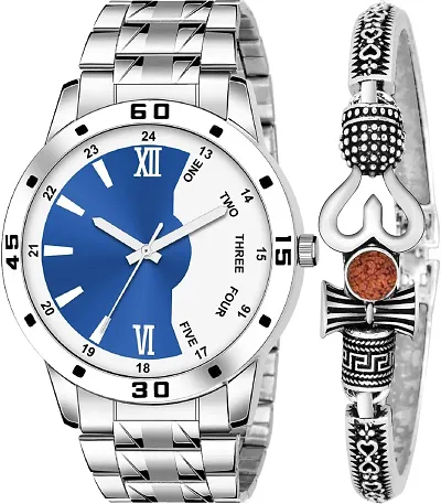 KAJARU Classic Analog Men Watch (Round Blue & White Dial, Silver Colored Strap, Pack of 2)_64