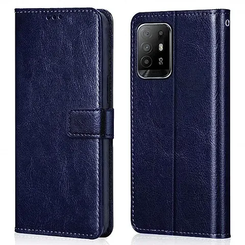 Flip Back Cover Case for Oppo F19 Pro Plus 5G | Genuine Leather Finish | Designer Button | Inbuilt 