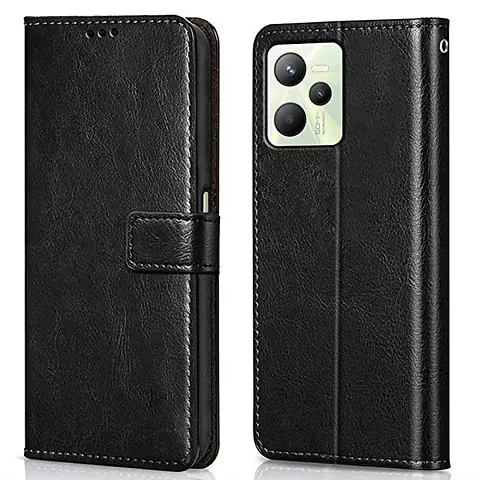 Cloudza Realme C35 Flip Back Cover | PU Leather Flip Cover Wallet Case with TPU Silicone Case Back Cover for Realme C35 Bk
