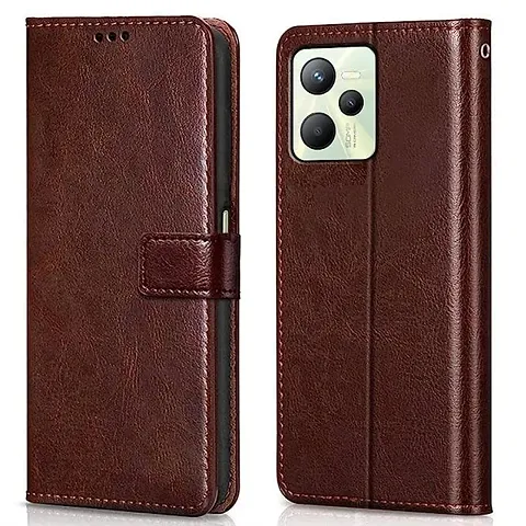 Cloudza Realme C35 Flip Back Cover | PU Leather Flip Cover Wallet Case with TPU Silicone Case Back Cover for Realme C35 Brown