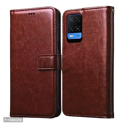 Leather | Inner TPU | Foldable Stand | Wallet Card Slots Vintage Flip Cover Case for Oppo A54 (Brown)-thumb0