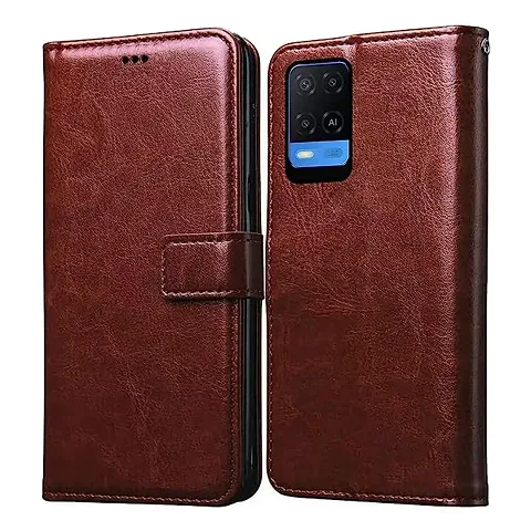 Cloudza Oppo A54 Flip Back Cover | PU Leather Flip Cover Wallet Case with TPU Silicone Case Back Cover for Oppo A54 Brown