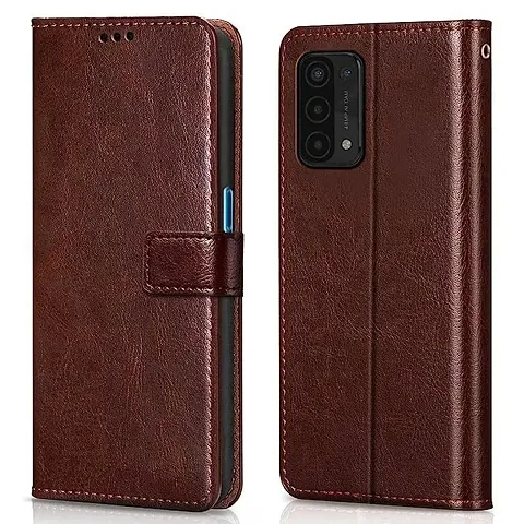Cloudza Oppo F19s Flip Back Cover | PU Leather Flip Cover Wallet Case with TPU Silicone Case Back Cover for Oppo F19s Brown