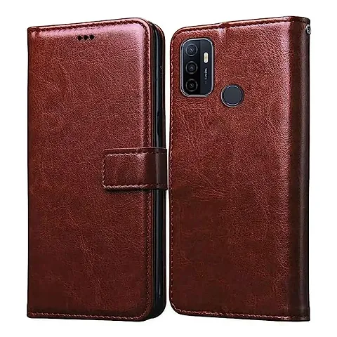 Flip Cover Case for OPPO A53 | OPPO A33 | OPPO A53s Leather | Inner TPU | Foldable Stand | Wallet Card Slots -(Brown)