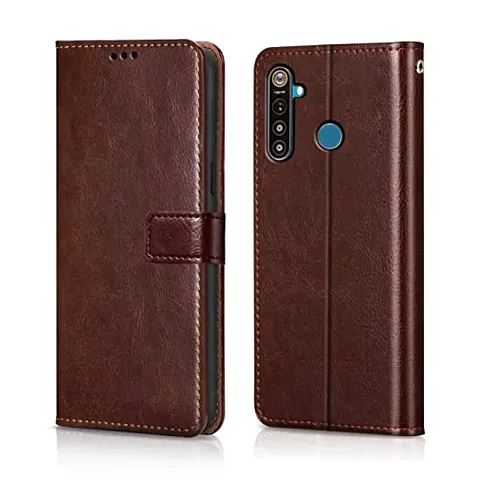 Realme 5 Pro Flip Case Leather Finish | Inside TPU with Card Pockets | Wallet Stand and Shock Proof | Magnetic Closing | Complete Protecti