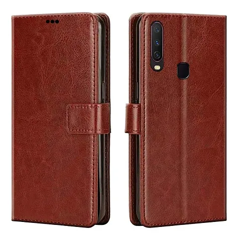 Cloudza Vivo Y19 Flip Back Cover | PU Leather Flip Cover Wallet Case with TPU Silicone Case Back Cover for Vivo Y19 Brown