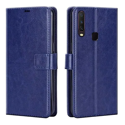 Cloudza Vivo Y19 Flip Back Cover | PU Leather Flip Cover Wallet Case with TPU Silicone Case Back Cover for Vivo Y19 Blue