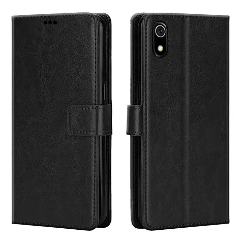 Mi Redmi 7A Flip Case | Vintage Leather Finish | Inside TPU | Wallet Stand | Magnetic Closing | Flip Cover for Mi Redmi 7A (Black)