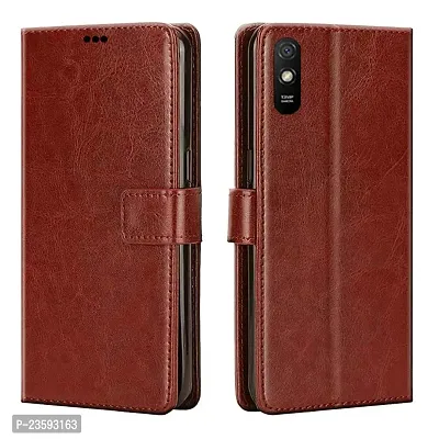 Mi Redmi 9i Flip Case | Vintage Leather Finish | Inside TPU | Wallet Stand | Magnetic Closing | Flip Cover for Mi Redmi 9i (Brown)-thumb0