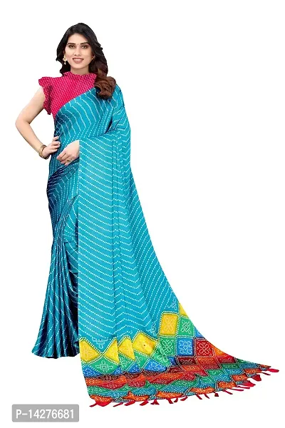 Lycrofest Womens Moss Chifon Bandhej Printed Saree With Blouse Piece (Blue)