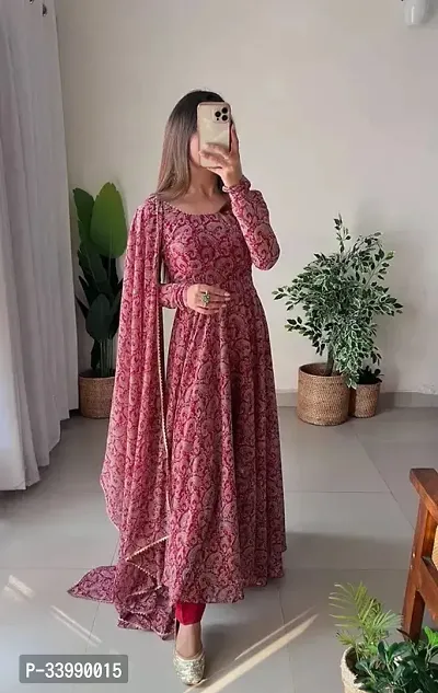 Indo western Maroon Printed Georgette Gown for Women and Girls-thumb0