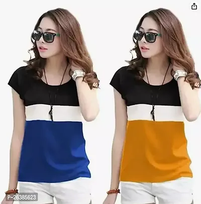 Elegant Cotton Colourblocked Tshirt For Women Pack Of 2-thumb0