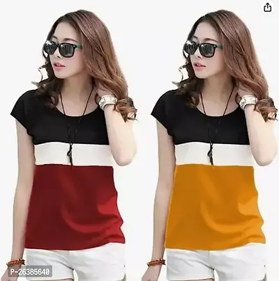 Elegant Cotton Colourblocked Tshirt For Women Pack Of 2