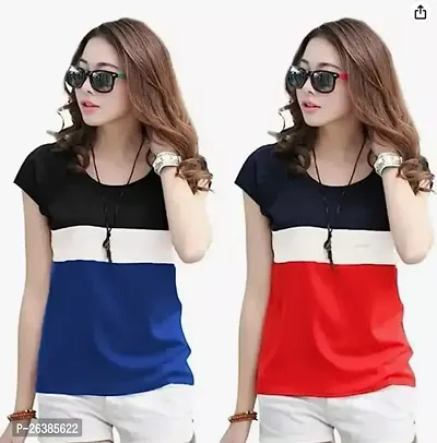 Elegant Cotton Colourblocked Tshirt For Women Pack Of 2-thumb0