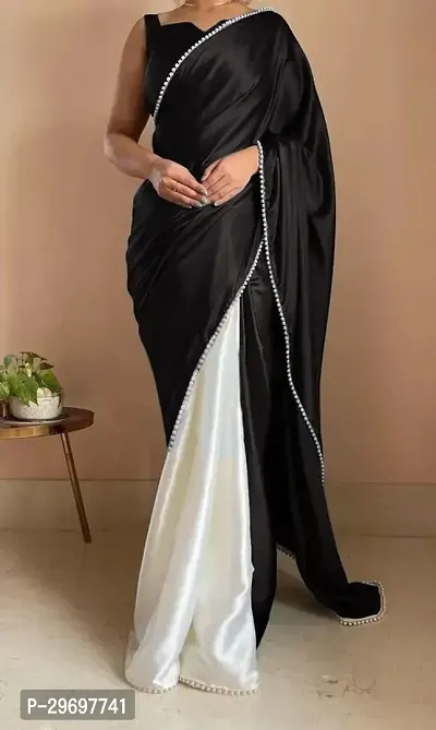 Stylish Satin Black Embellished Saree with Blouse piece For Women