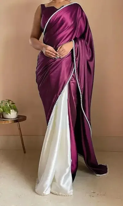 Stylish Satin Embellished Saree with Blouse piece For Women