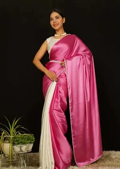 Stylish Satin Embellished Saree with Blouse piece For Women