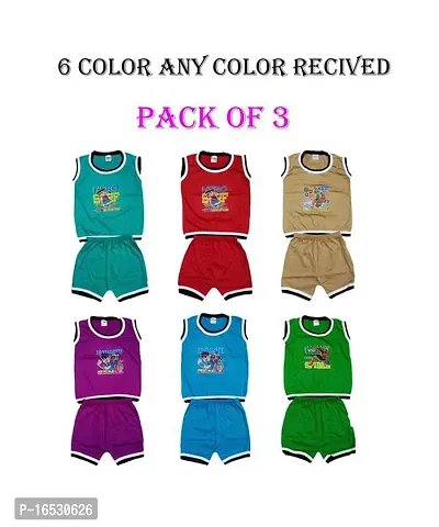 Unisex baby boys and baby girls   sleeve less T-Shirt and pyjama short pant regular fit cotton blend (pack of 3) multicolor-thumb0
