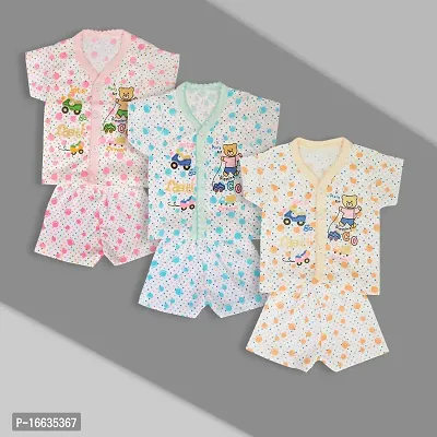 Baby Boy and Baby Girl's Half Sleeve Soft Cotton printed  Vests,Jhabla T-Shirt with Shorts Dress for Kids Infant Toddler Summer Dress for New Born Baby Clothes (Set of 3)multicolour-thumb0