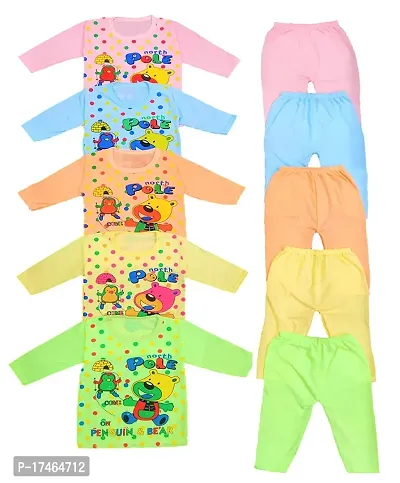 Baby Boy and Baby Girl's Fabulous Collection of Printed Full Sleeves Soft Hosiery Cotton Vests,Jhabla T-Shirt with Pyjama Pants Dress for Kids Infant Toddler Set of 5)multicolor