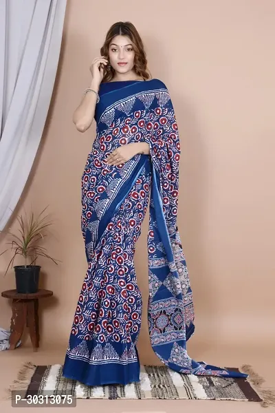 Stylish Navy Blue Mulmul Cotton Saree With Blouse Piece For Women