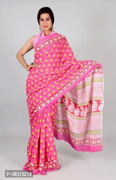 Stylish Pink Mulmul Cotton Saree With Blouse Piece For Women