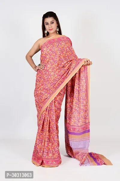 Stylish Peach Mulmul Cotton Saree With Blouse Piece For Women-thumb0