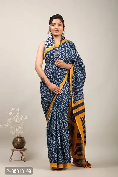 Stylish Navy Blue Mulmul Cotton Saree With Blouse Piece For Women-thumb0