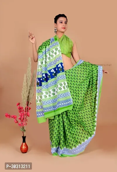 Stylish Green Mulmul Cotton Saree With Blouse Piece For Women-thumb0