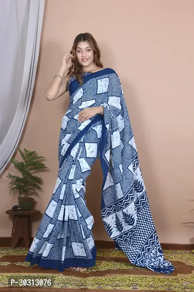 Stylish Navy Blue Mulmul Cotton Saree With Blouse Piece For Women-thumb0