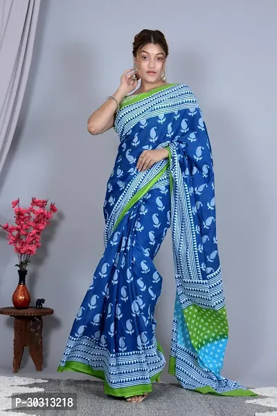 Stylish Blue Mulmul Cotton Saree With Blouse Piece For Women-thumb0