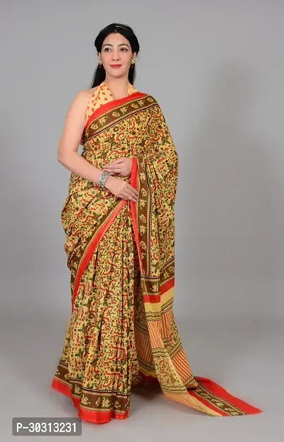 Stylish Yellow Mulmul Cotton Saree With Blouse Piece For Women-thumb0