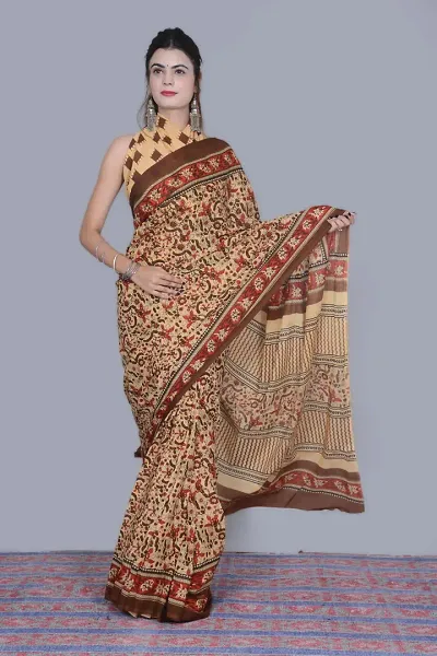 Chanderi Cotton Hand Block Printed Sarees With Blouse Piece