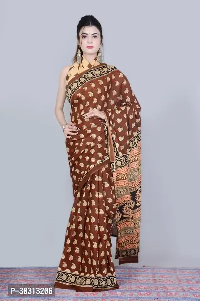 Stylish Brown Mulmul Cotton Saree With Blouse Piece For Women-thumb0