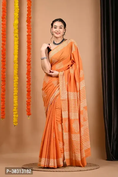 Stylish Orange Mulmul Cotton Saree With Blouse Piece For Women