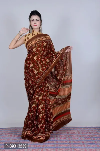 Stylish Brown Mulmul Cotton Saree With Blouse Piece For Women-thumb0