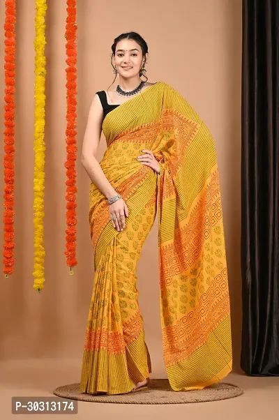 Stylish Yellow Mulmul Cotton Saree With Blouse Piece For Women-thumb0