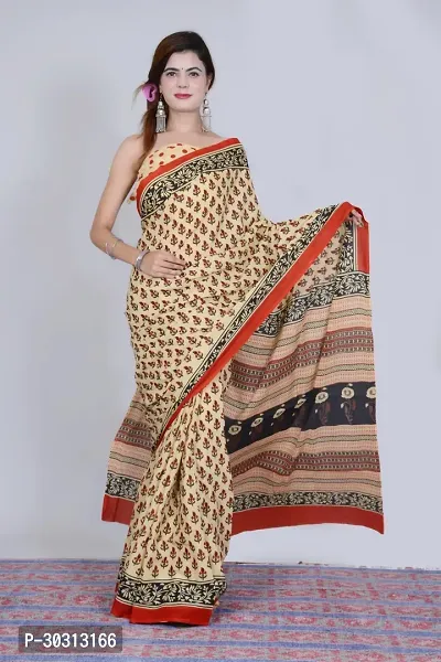 Stylish Cream Mulmul Cotton Saree With Blouse Piece For Women-thumb0