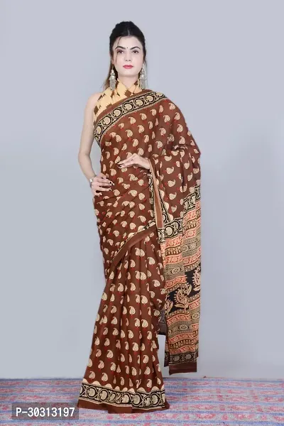 Stylish Brown Mulmul Cotton Saree With Blouse Piece For Women