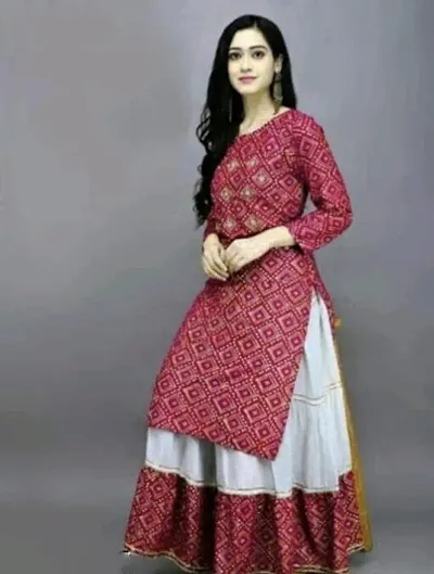 Rayon Bandhani Print Kurta With Skirt Set