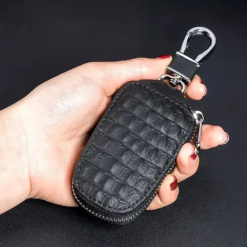 Spatlus Car Key case,Genuine Leather Car Key Chain Keychain Holder Metal Hook and Keyring Zipper Bag Key Case for Car Key Fob Protector (Black, Set of 1)