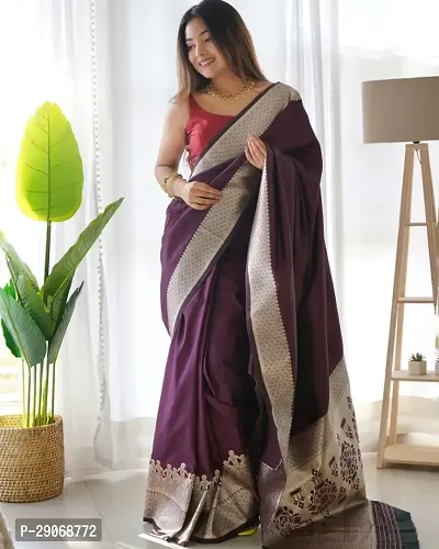 Stylish Chanderi Silk Purple Solid Saree With Blouse Piece For Women-thumb0